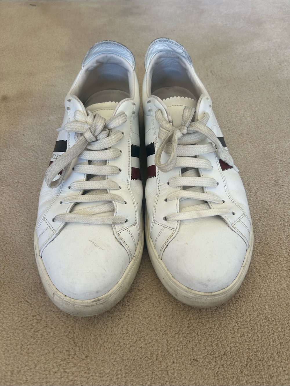 MONCLER White Leather Sneakers with Navy & Red Stripe - Classic Men’s Shoes